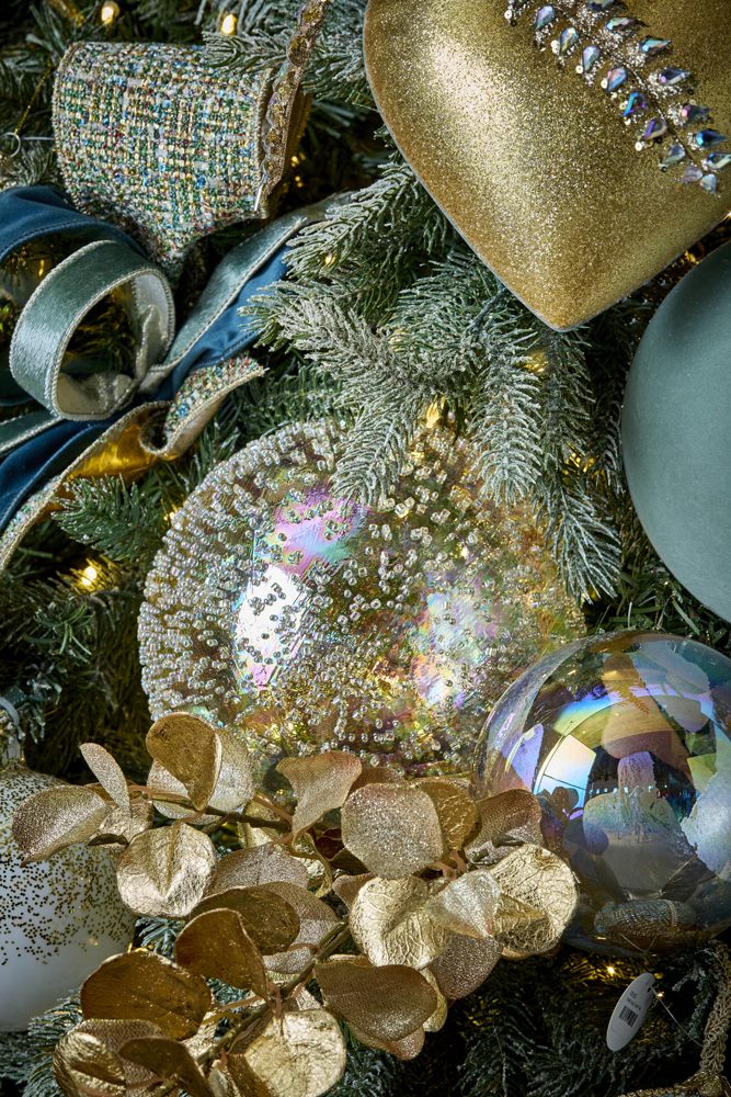 Mercury glass and iridescent ornaments, Sapphire Sanctuary