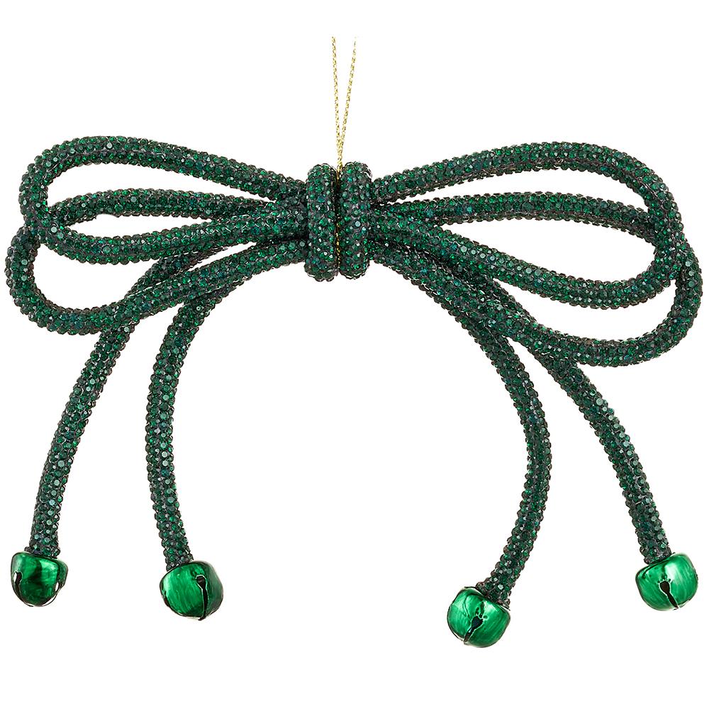 5.5" Sparkle Bow Ornament W/ Bell, Green