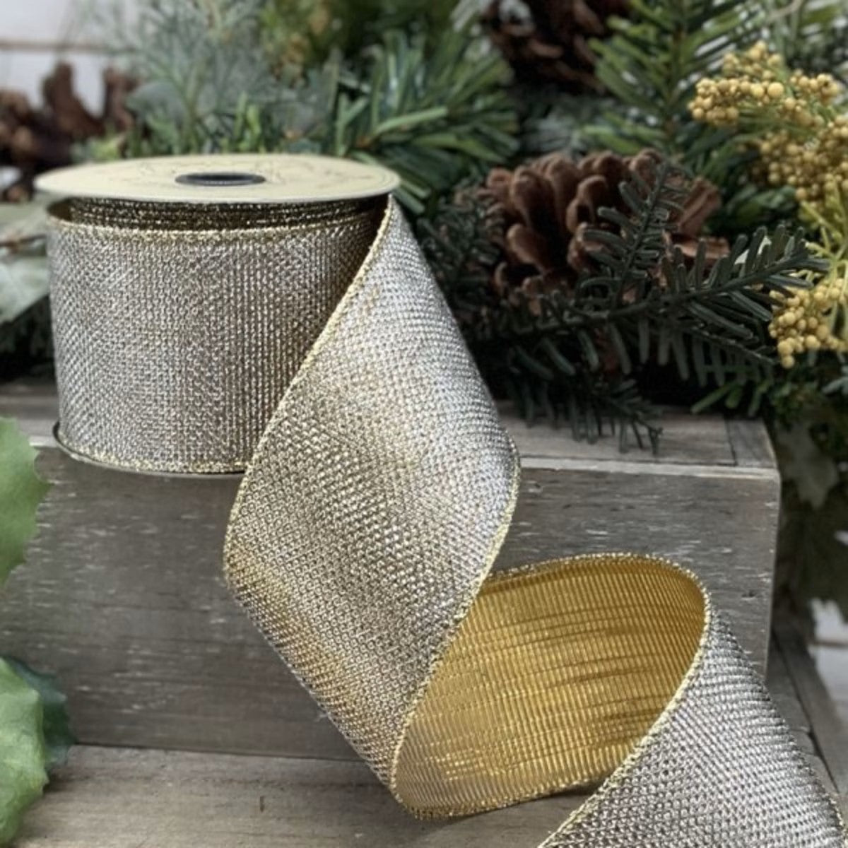2.5" x 10yds Lame Micro Dot Ribbon – Gold/ Silver