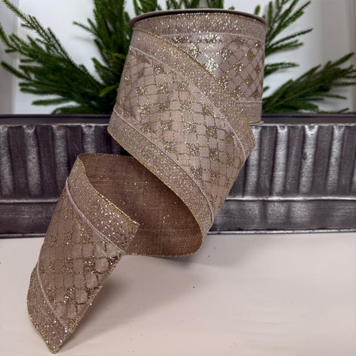 4" X 10Y Glitter Satin W/ Vine Leaf Ribbon, Champagne