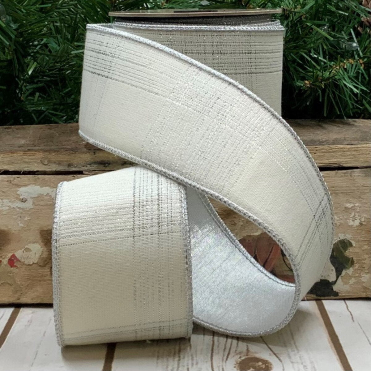 2.5" x 10yds Cotton Silver Lurex Plaid Ribbon - White/ Silver
