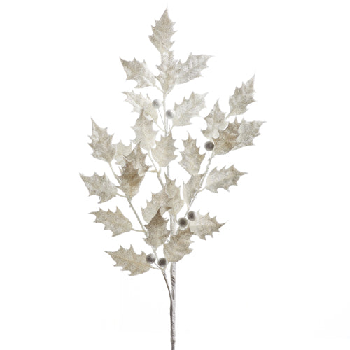 29" White Glittered Holly Spray