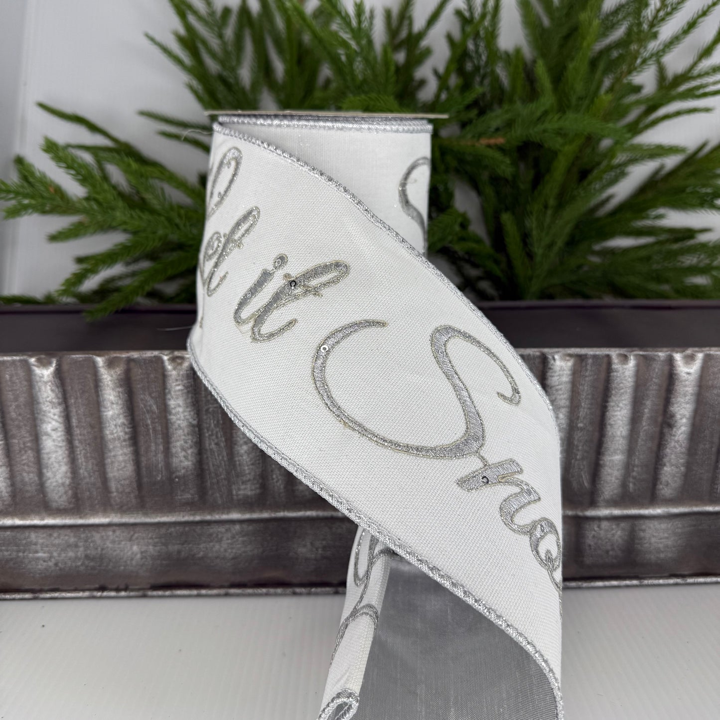 4" X 5Yd Let it Snow Embroidered Ribbon White Silver