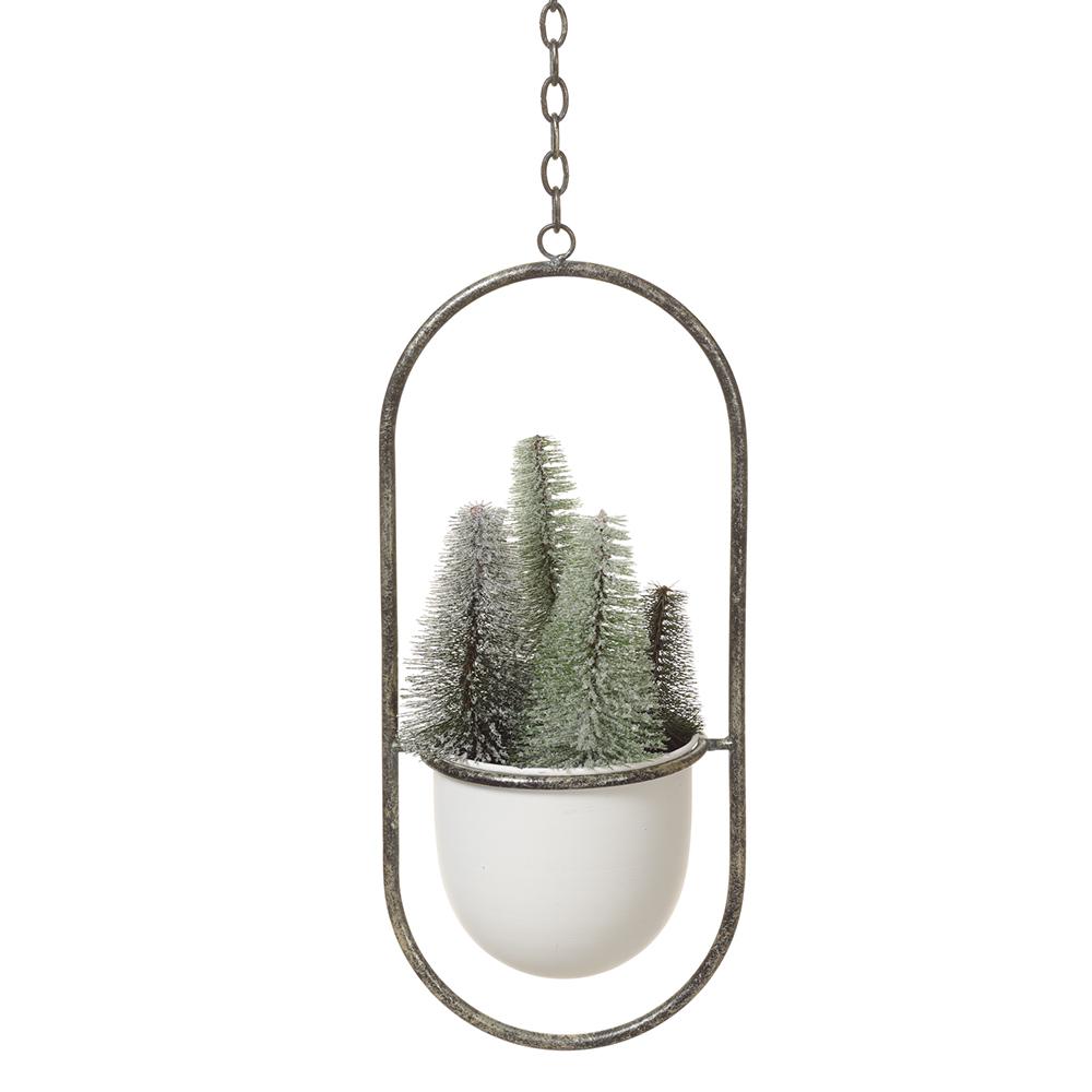 16" Snowed Bottlebrushed Pine Tree in Hanging Metal Planter Green