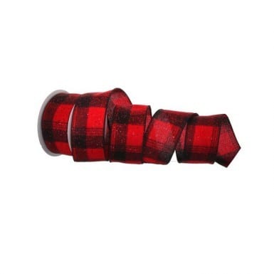 2.5" X 10yds Glitter Flannel Plaid Wired Ribbon, Red/ Black