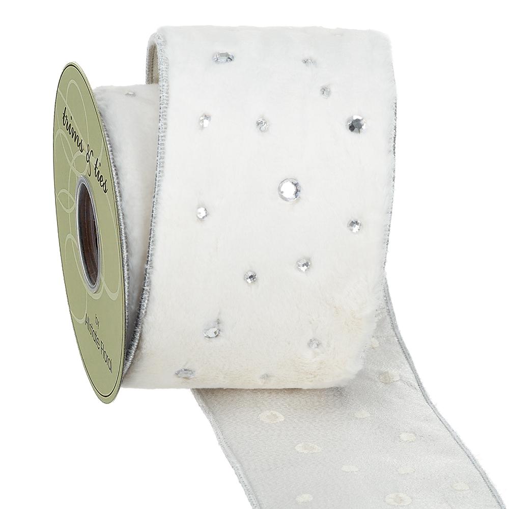 4" X 5Yd Rhinestone Fur Ribbon White Silver