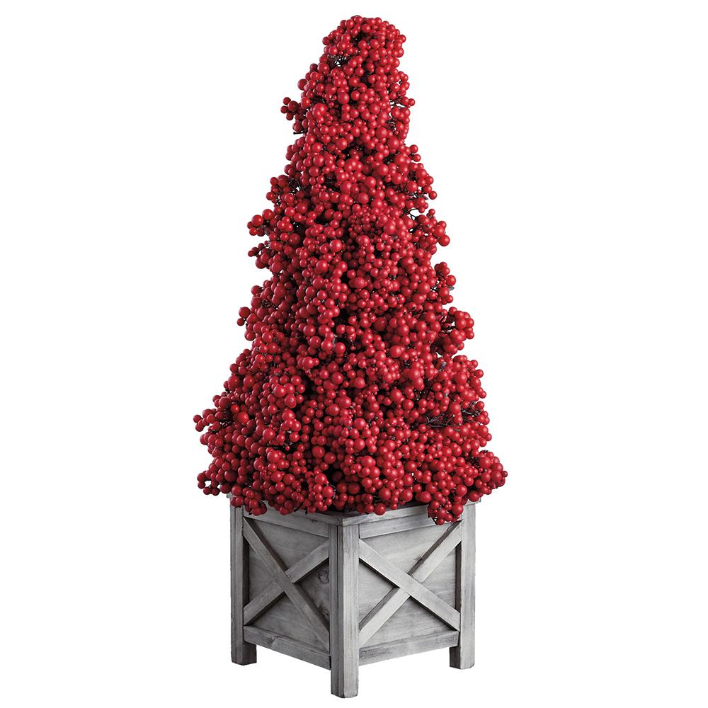 24" Red Berry Cone Topiary in Wood Planter