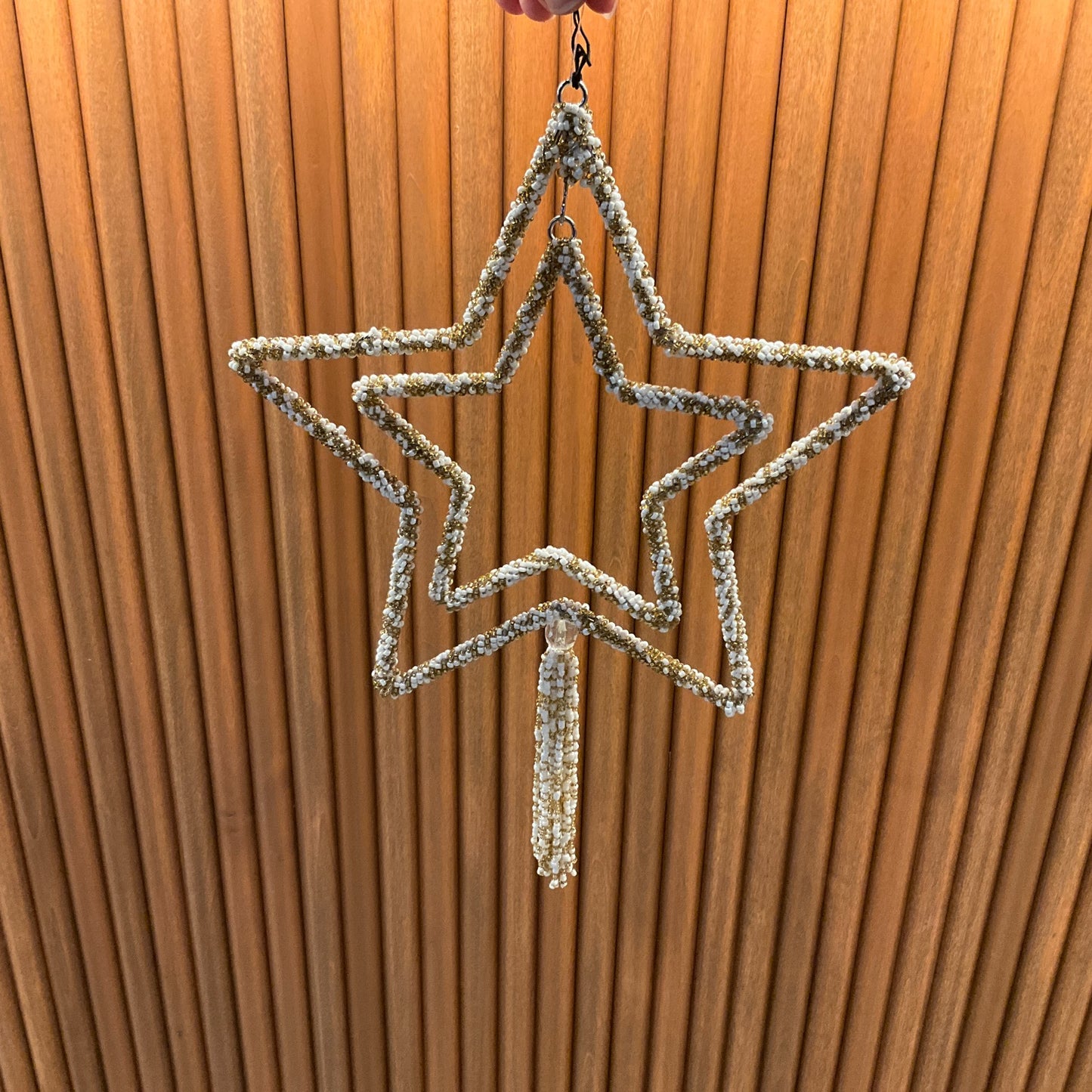 10"H Glass Beaded Metal Star Ornament w/ Tassel, White & Gold Finish