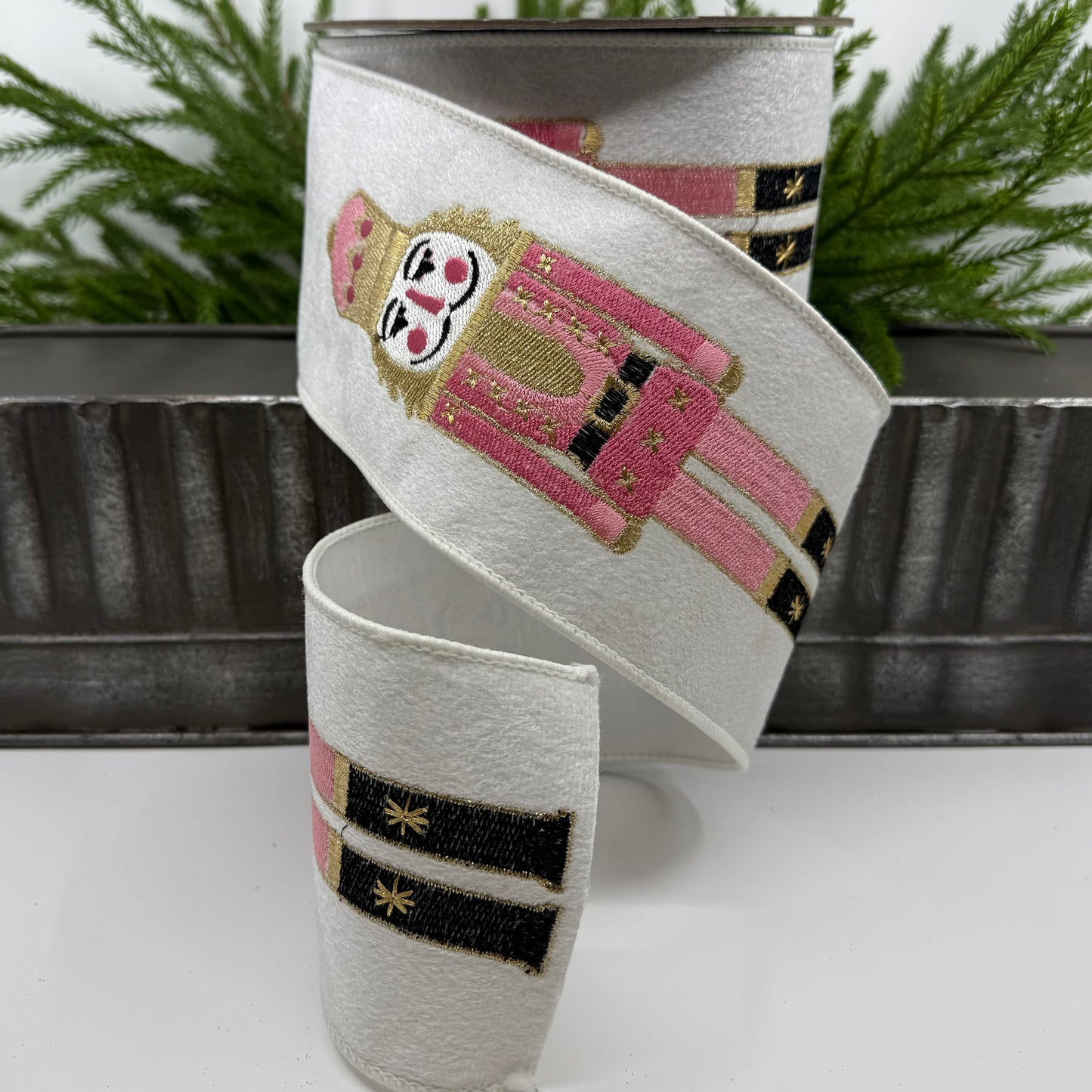 4" x 10yds White Felt Pink/ Gold Nutcracker