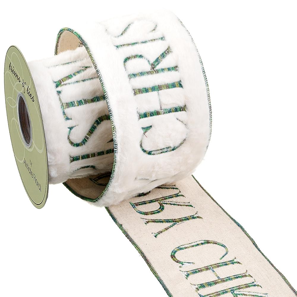 4" X 5Yd Merry Christmas Ribbon, Cream Green