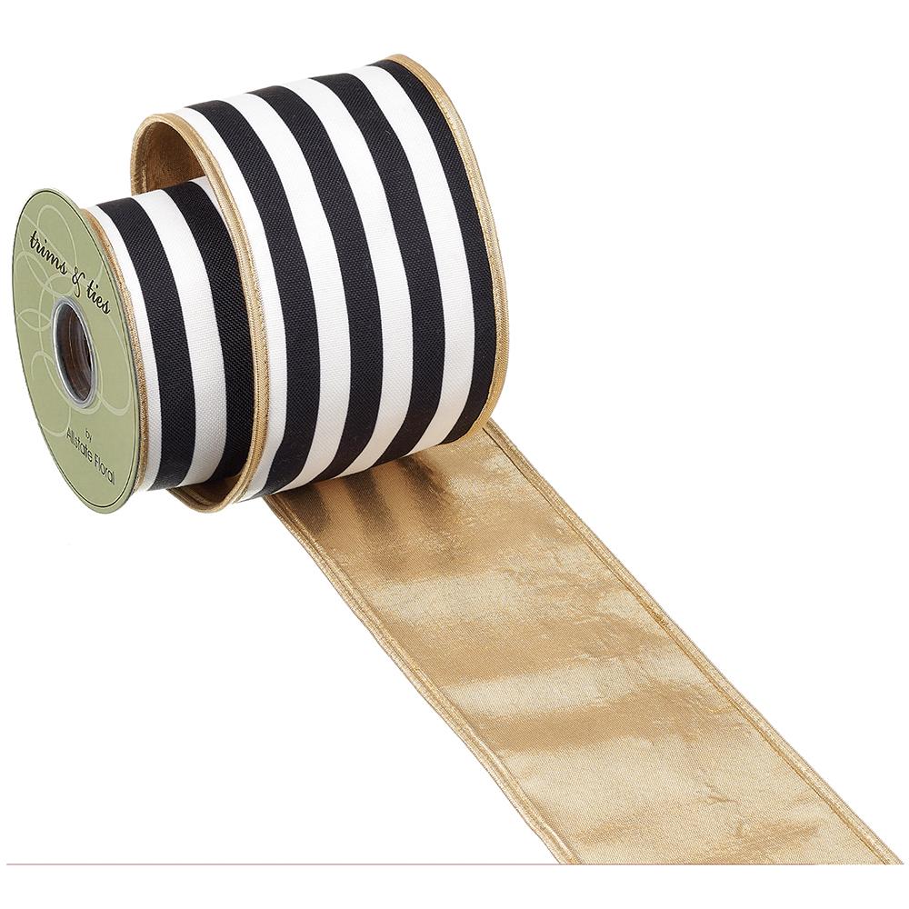 4In X 5Yd Stripe Ribbon, White Black Gold