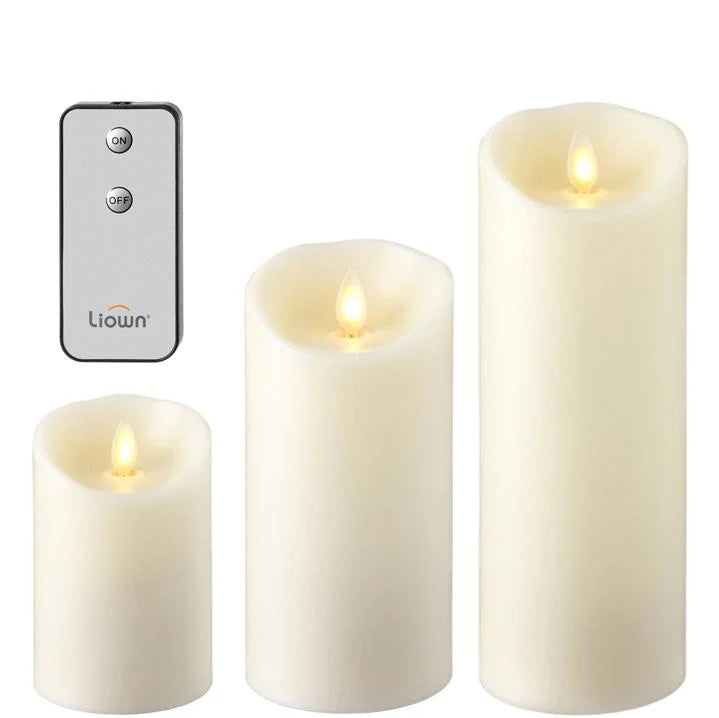 Push Flame Ivory Pillar Candles With Remote Set/3