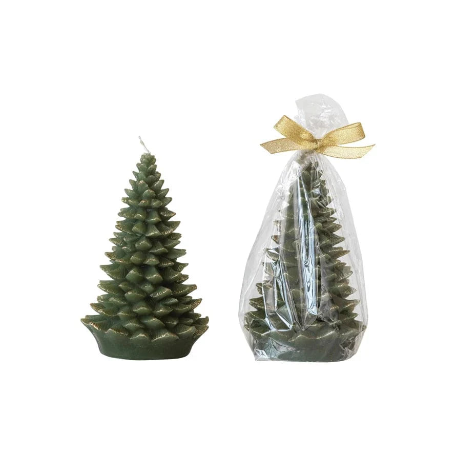 4" Round x 7"H Unscented Tree Shaped Candle w/ Gold Tips, Evergreen Color