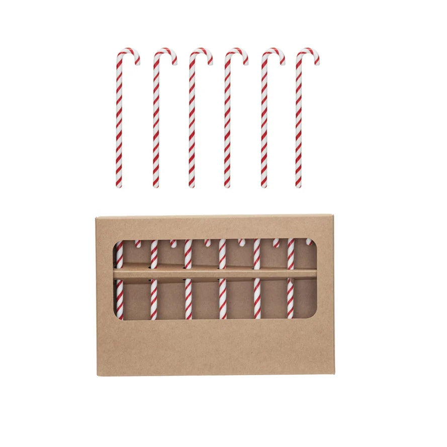 1"L x 5"H Glass Candy Cane Shaped Stir Sticks, Red & White, Boxed Set of 6