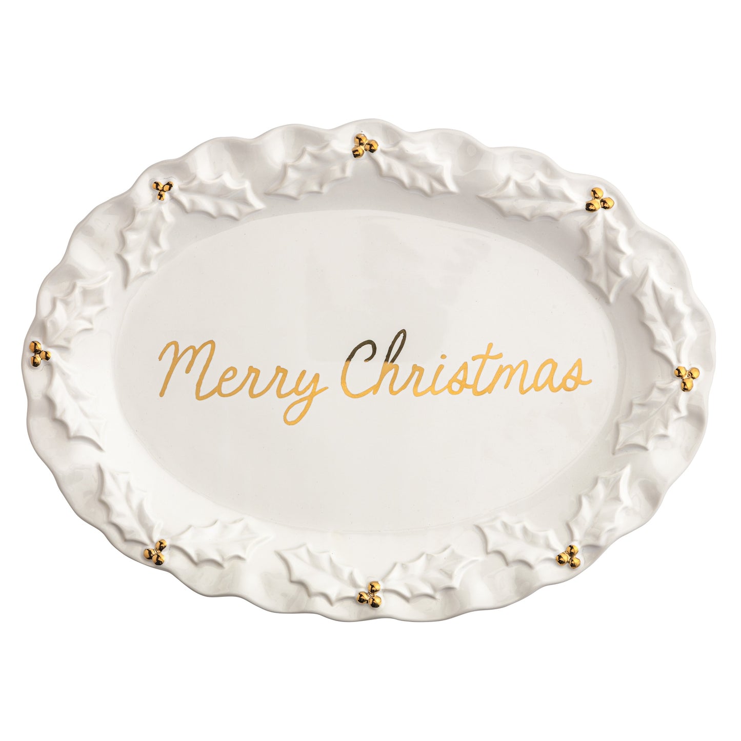 Gold Holly Merry Christmas Platter