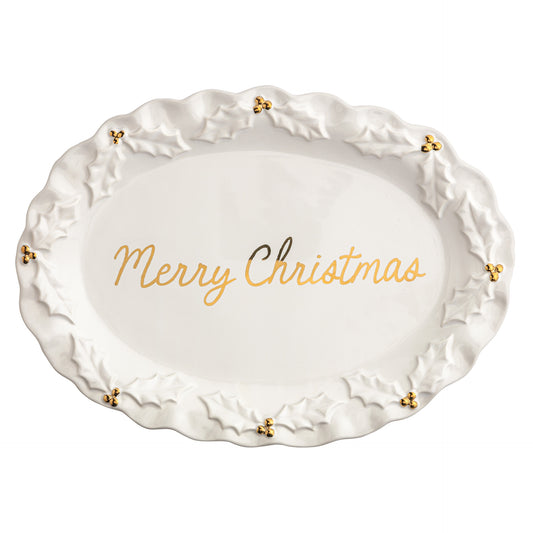 Gold Holly Merry Christmas Platter