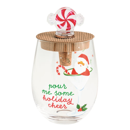 Holiday Cheer Santa Wine Glass & Stopper Set