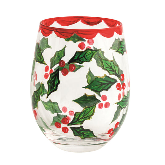 Holly Painted Wine Glass