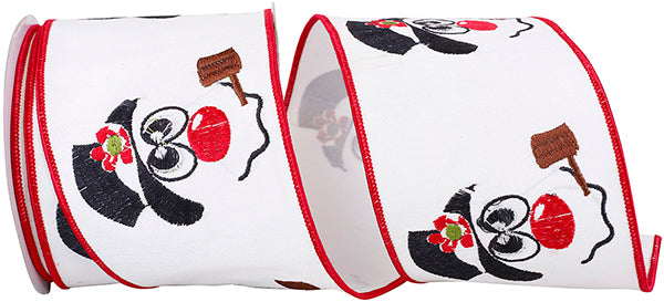 4" X 10YD Snowman And Pipe Embroidery Wired Edge Ribbon, White/red