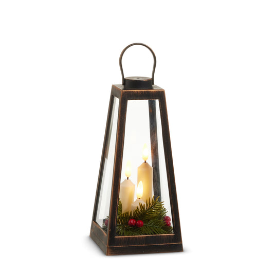 9.25"  Distressed  Lantern  with  Candles  and Greenery