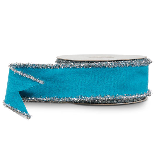 2.5" X 10 Yds Blue Felt and Tinsel Wired Ribbon