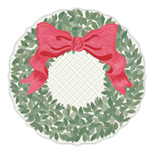 Posh Die-Cut Placemat-Green Wreath with Holiday Red Bow (Round)