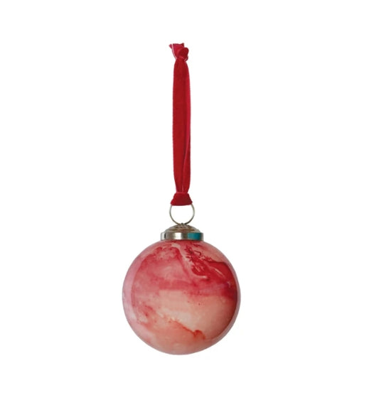 Glass Ball Ornament with Velvet Ribbon, Marbled Pink & Red Lg