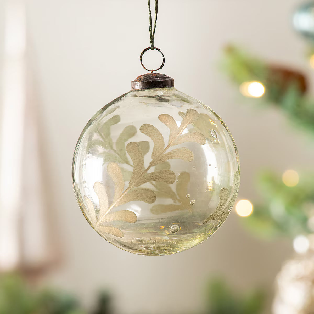 Etched Vine Pattern Glass Ball Ornament 5"