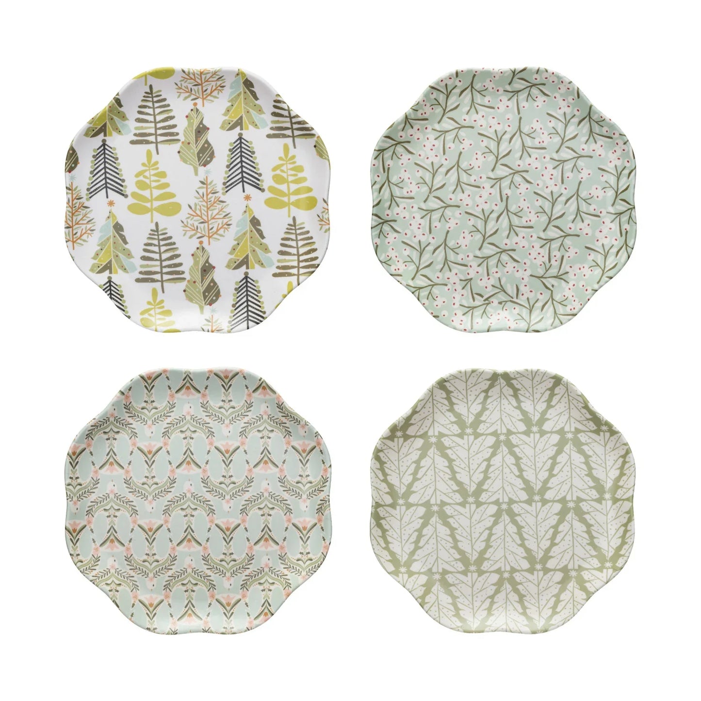 11"L x 11"W Bamboo Melamine Scalloped Plate w/ Berry/Tree/ Dove Pattern, Multi Color, 4 Styles