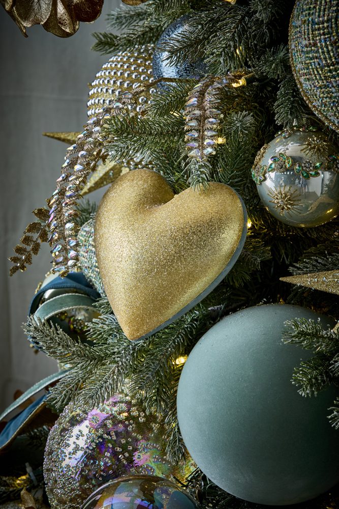 Gold heart ornament and blue velvet ribbon, Sapphire Sanctuary