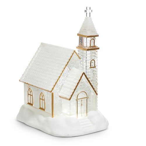 9.75" Lighted Swirling Glitter Water Church with Gold Accents