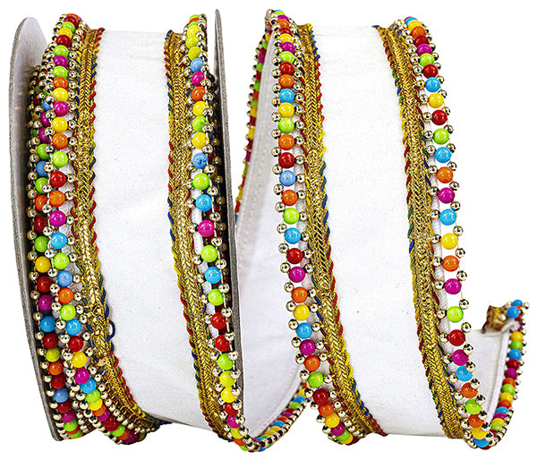 2.5" X 5YD Beaded Candy Edge Deluxe Wired Edge Ribbon, White