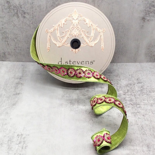 1.5" x 10yds Metallic Dupion Ribbon with Sequin Trim – Apple Green