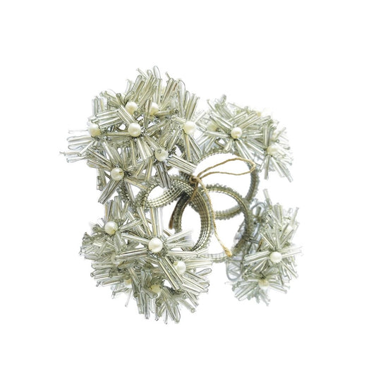 2-1/2"H Glass Beaded Metal Floral Napkin Rings, Silver Finish, Set of 4