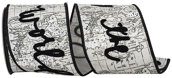 4" X 5YD Joy To The World Map Flocked Sully Canvas Wired Edge Ribbon, White/ black