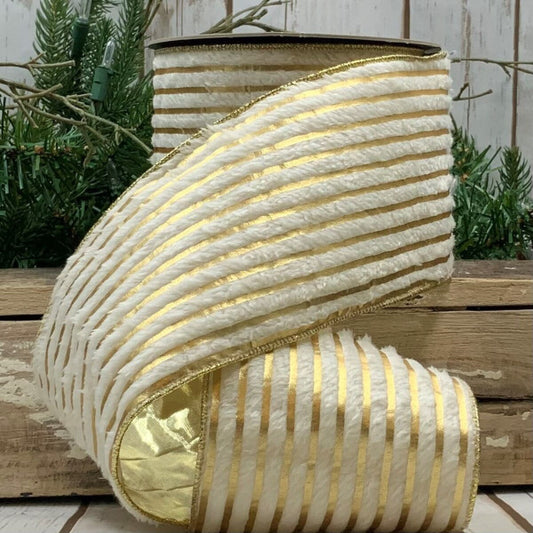4" x 10YD Ivory Faux Fur Metallic Gold Stripe Ribbon