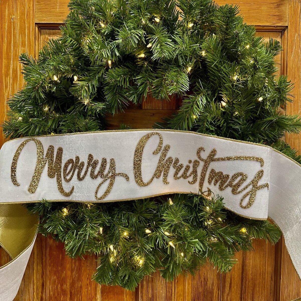 6" x 70" Velvet Banner Ribbon – "Merry Christmas" Gold Glitter, Winter White/Gold Back