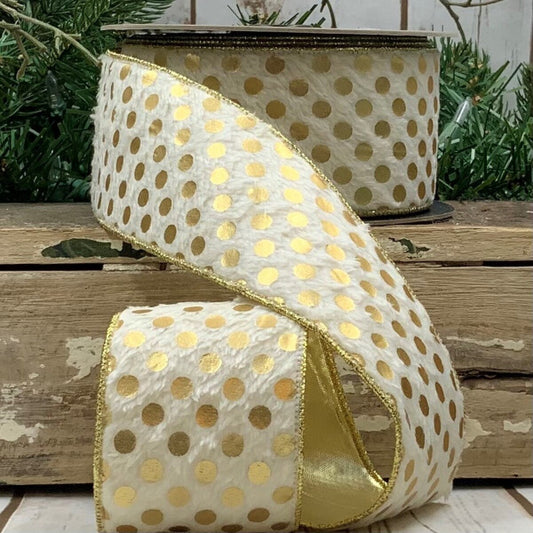 2.5" x 10yds Faux Fur Metallic Gold Polka Dot Ribbon, White