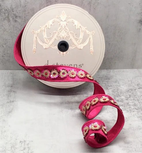 1.5" x 10yds Metallic Dupion Ribbon with Gold & Hot Pink Sequin Trim – Hot Pink