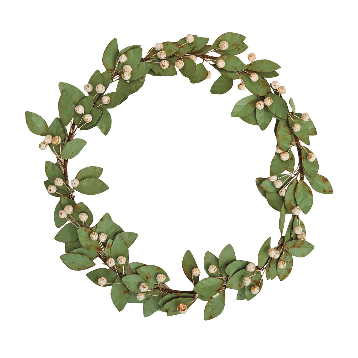 17" Round Painted Metal Leaf & Berry Wreath, Green & Antique White