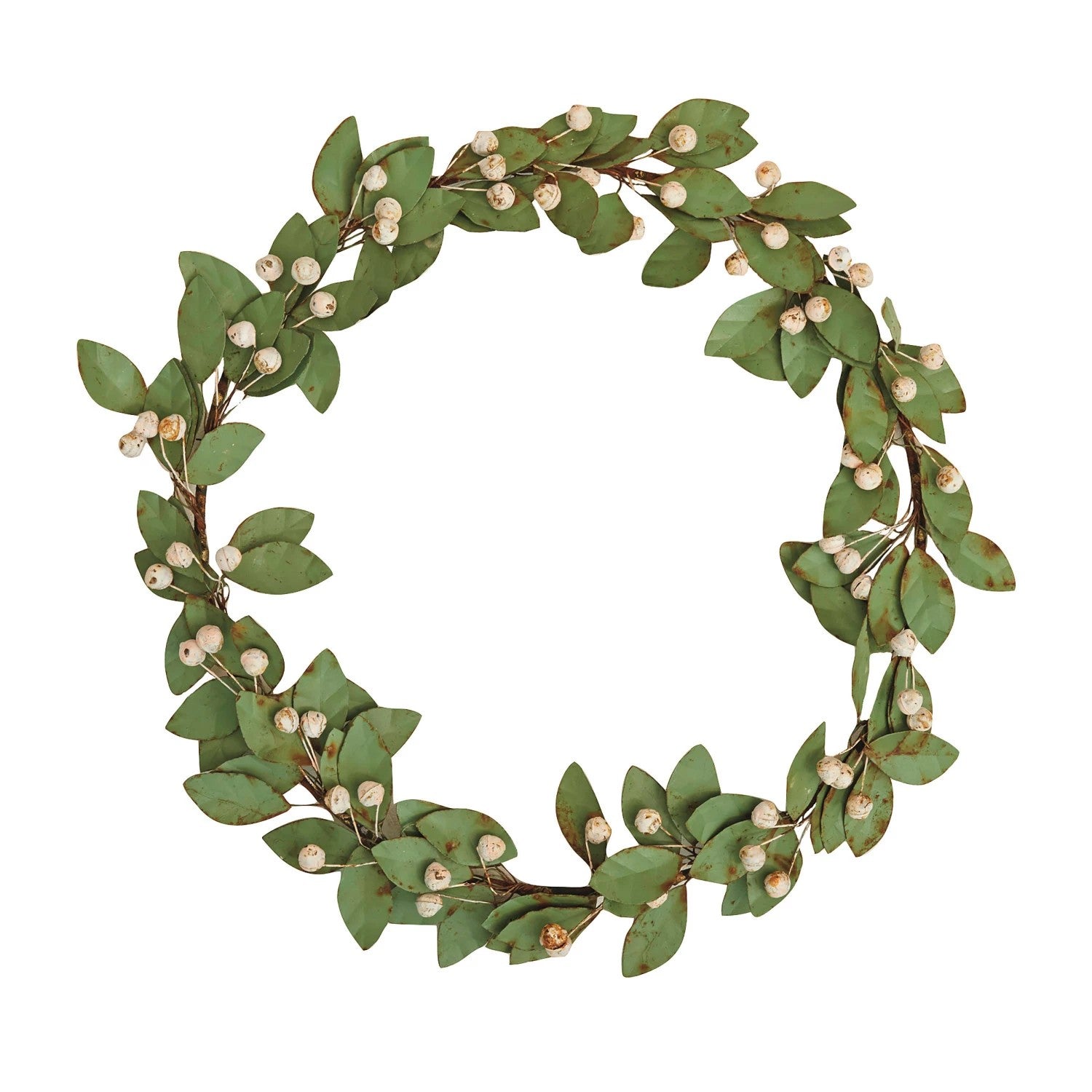 17" Round Painted Metal Leaf & Berry Wreath, Green & Antique White