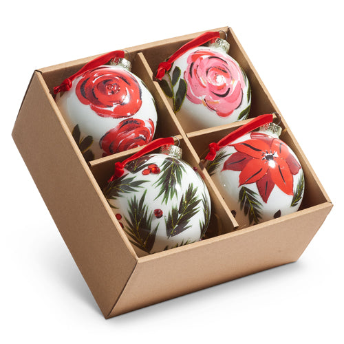 4" Box Set of Hand Painted Floral Ball Ornaments