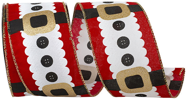 2.5" X 10yds Santa's Buttons And Belt Christmas Wired, Edge Ribbon, Red/ white