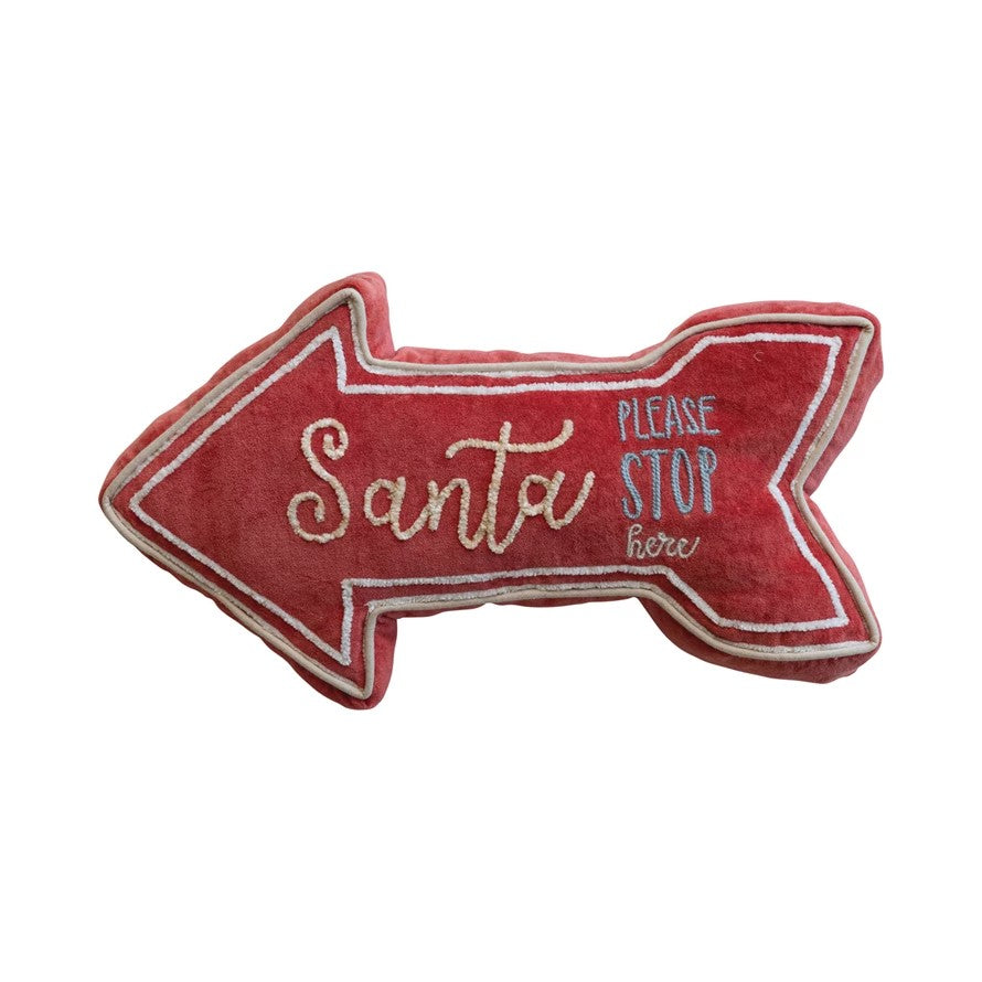 16"L x 8-1/2"H Cotton Velvet Arrow Shaped Lumbar Pillow w/ Embroidered "Santa Please Stop Here", Mul