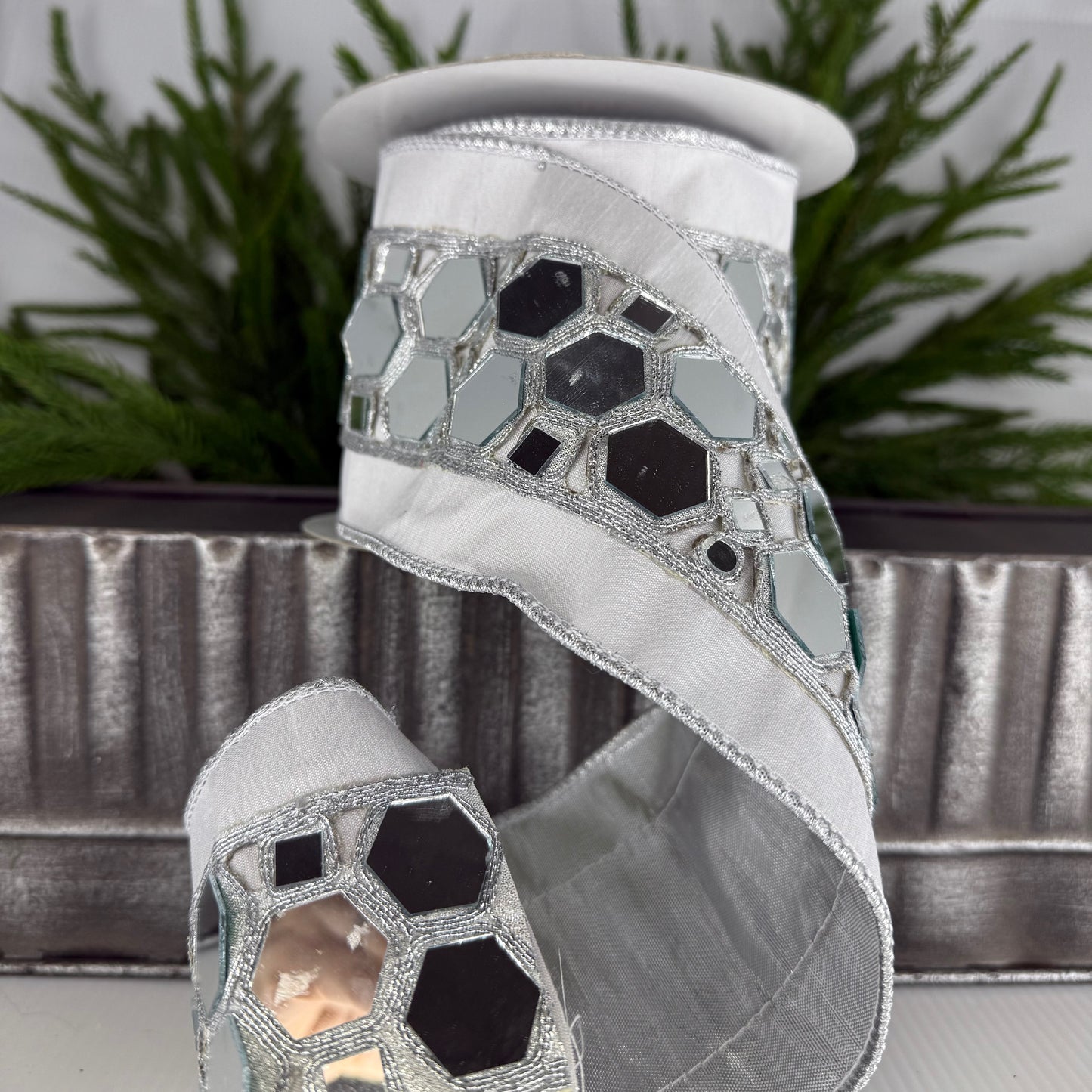 4" X 5Y Mirror Trim Metallic Ribbon, Silver