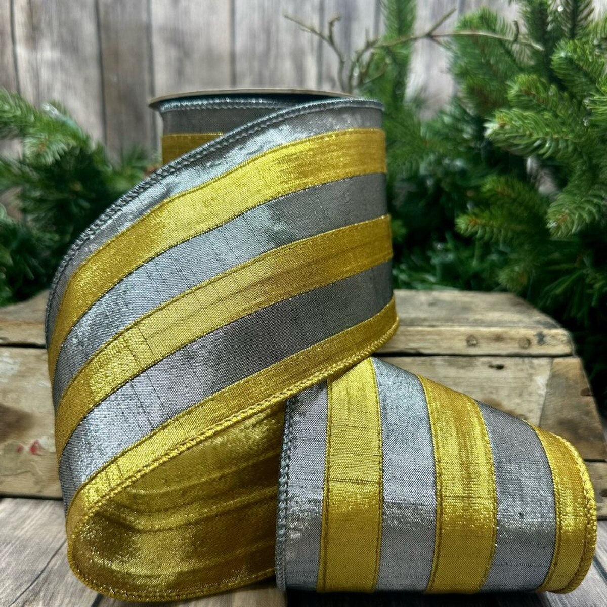 4" x 5yds metallic dupion stripe, old gold pewter