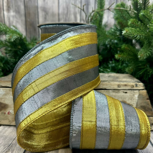 4" x 5yds metallic dupion stripe, old gold pewter