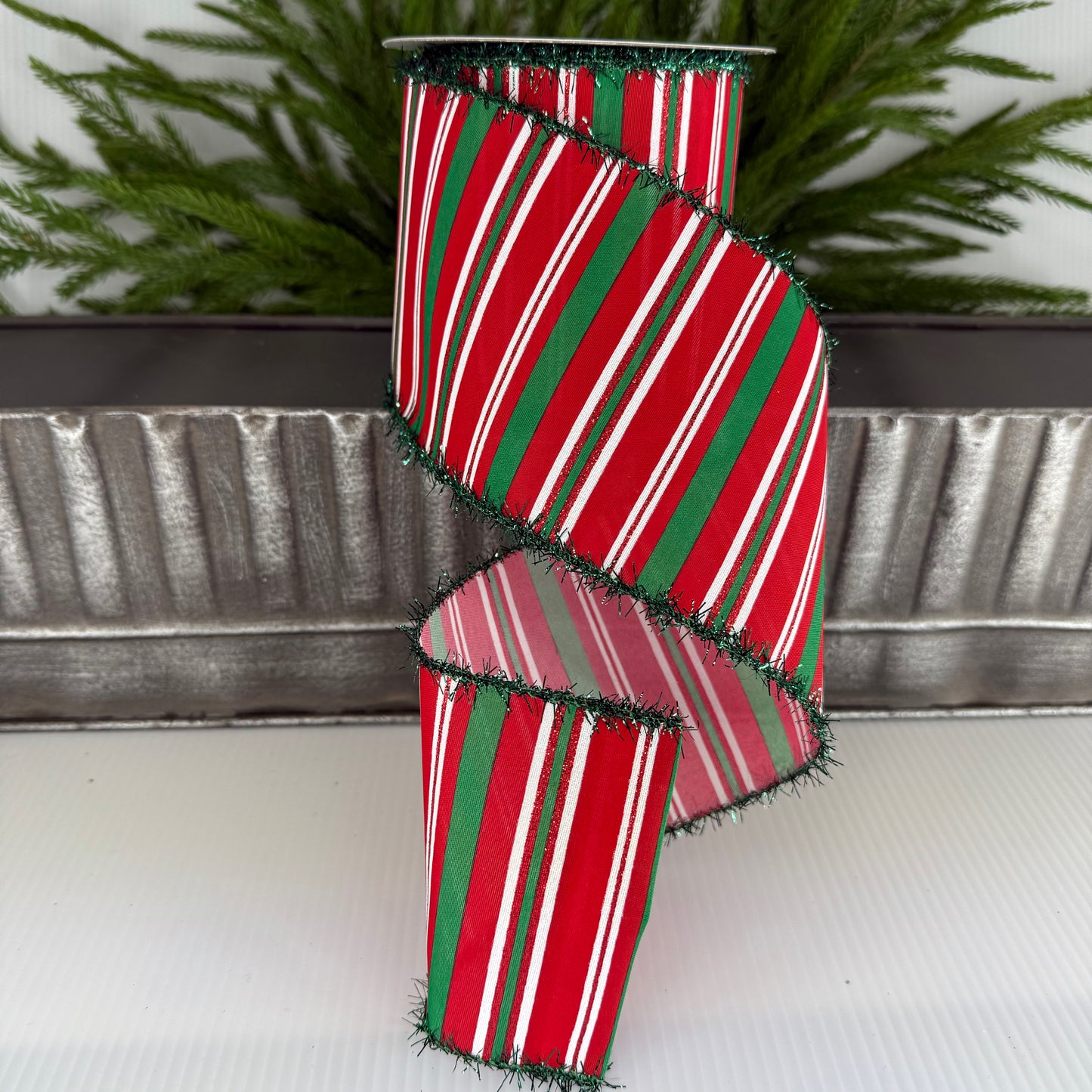 4" X 10Yds Stripe W/Tinsel Edge Ribbon