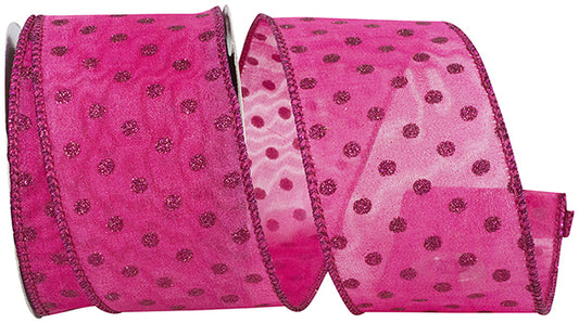 2.5" X 10yds Mesh Deluxe Glitter Dots Wired Edge Ribbon, Hot Pink