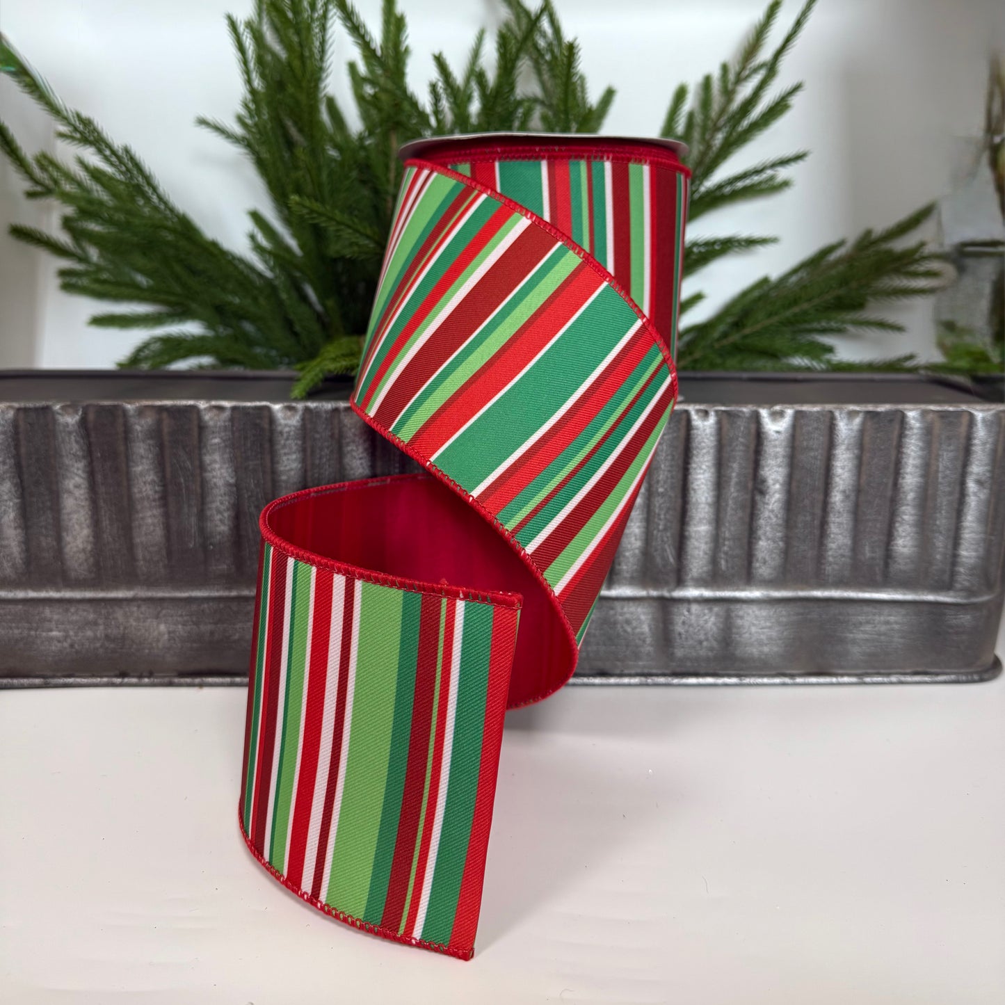 4" x 10Y Satin Holiday Stripe Ribbon – Red, Green & White